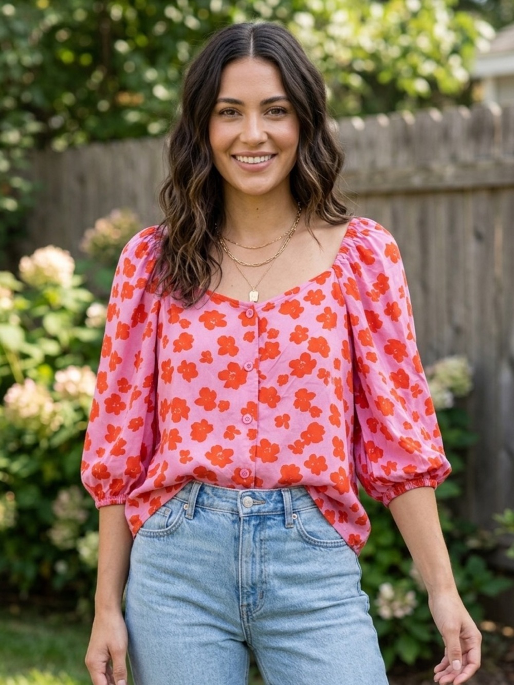 Sanctuary Pink Red Floral Poppy Button Front Top Large Puff Sleeve Boho Romantic